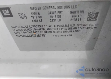 2013 Chevrolet Malibu 1Ls z USA, uszkodzony, nr VIN 1G11B5SA7DF187881